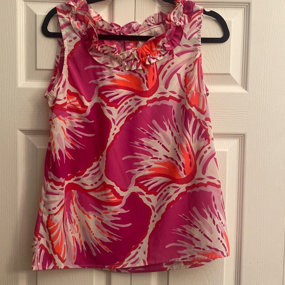 Southern Frock Ruffle Neck Tank Top Womens Size S Pink Orange Floral Silk Feel